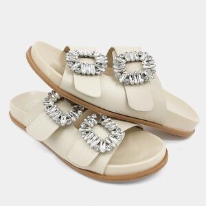ShuShop Bridget Slide Sandals Cream/Rhinestone Buckle Bridal Feminine Fun SZ 7.5